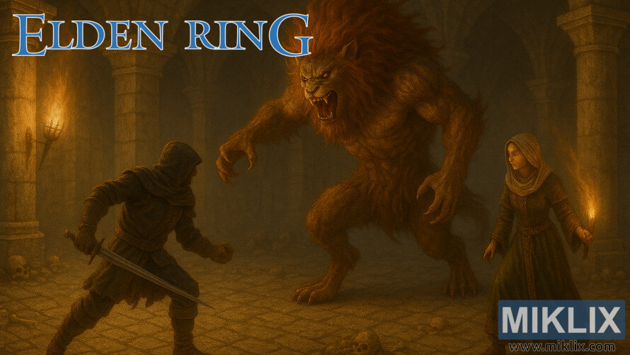 Elden Ring fan art showing Tarnished battling Perfumer Tricia and Misbegotten Warrior in a gothic catacomb Elden Ring fan art showing Tarnished battling Perfumer Tricia and Misbegotten Warrior in a gothic catacomb
