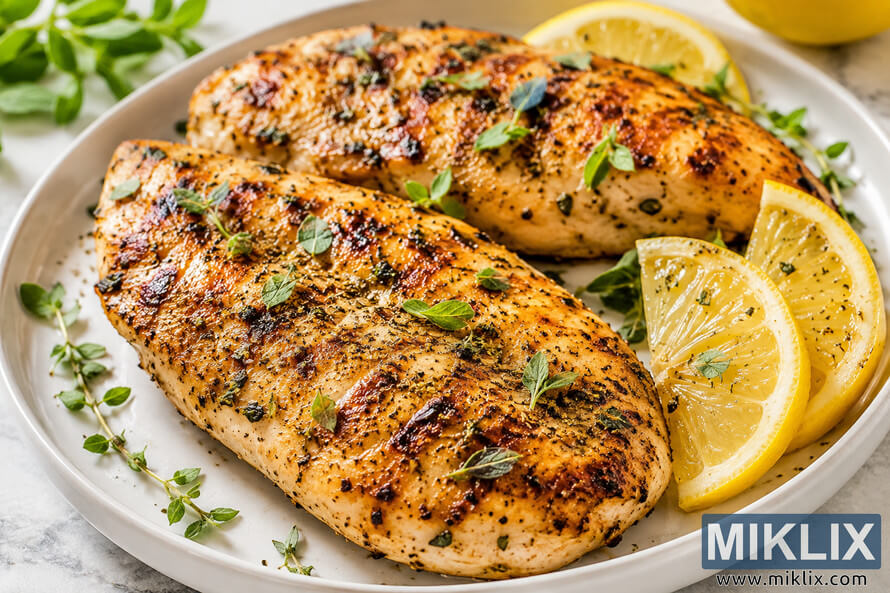 Close-up landscape photo of two grilled chicken fillets seasoned with oregano and herbs, served on a light ceramic plate with fresh lemon wedges and scattered green herb sprigs on a soft stone background. Close-up landscape photo of two grilled chicken fillets seasoned with oregano and herbs, served on a light ceramic plate with fresh lemon wedges and scattered green herb sprigs on a soft stone background.