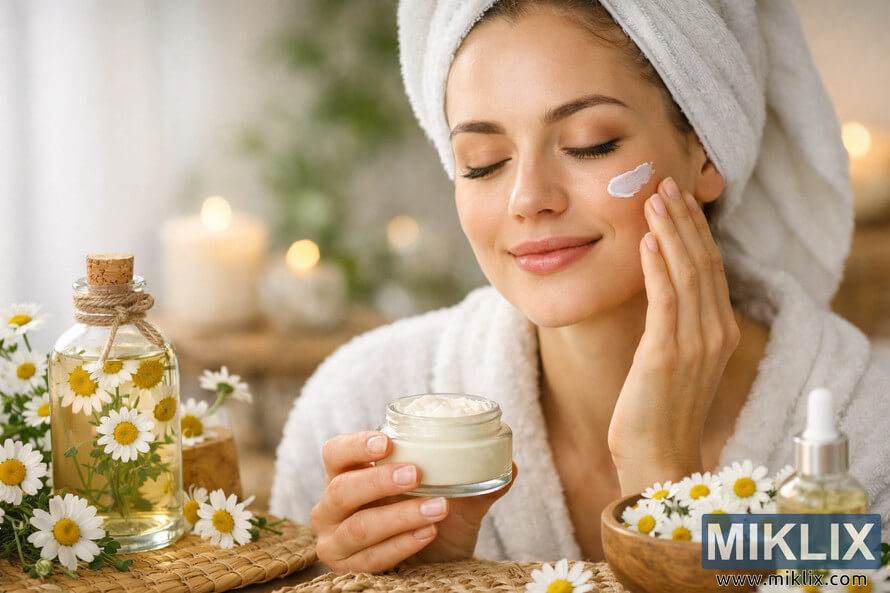 Landscape photo of a young woman in a white bathrobe and towel turban gently applying chamomile-infused cream to her cheek while holding a small glass jar of skincare product, surrounded by chamomile flowers, a bottle of chamomile oil, a wooden bowl filled with blossoms, and a small toner bottle on a woven mat, with a lit candle and green plants softly blurred in the background.