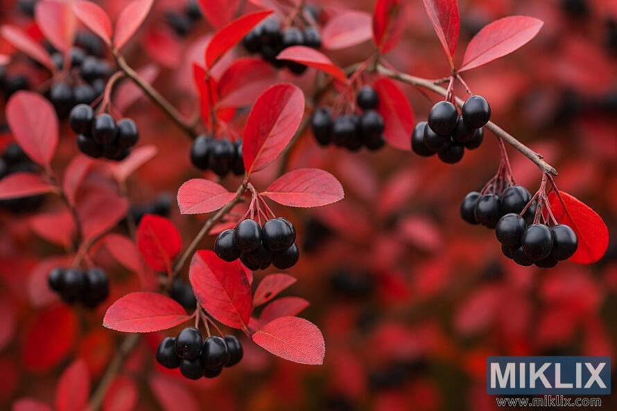 Close-up of Viking aronia shrub with clusters of glossy black berries set against vibrant red fall foliage.