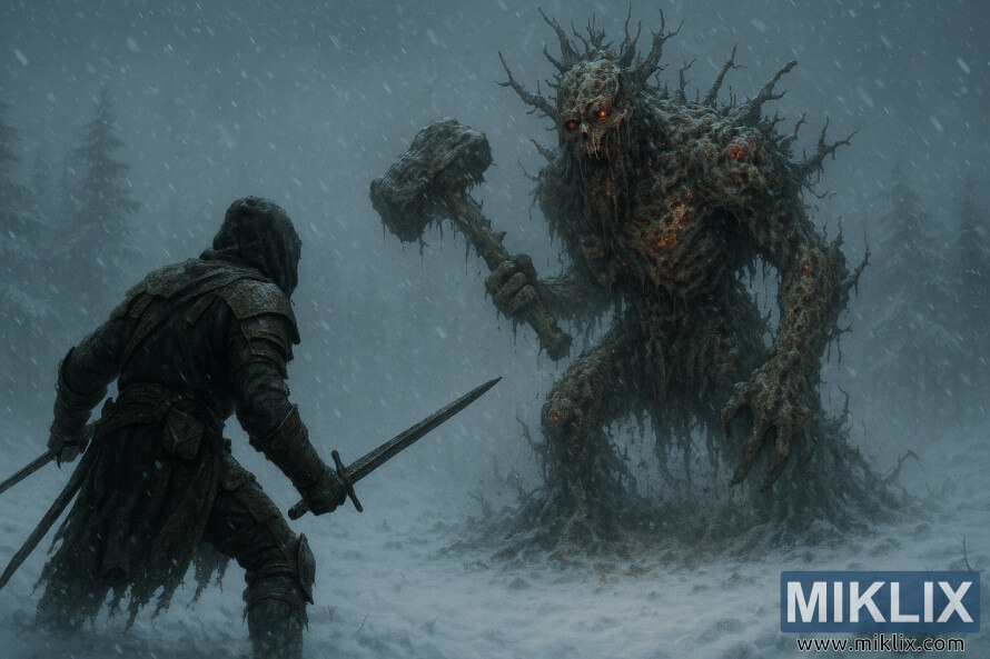 Wani mayaÆi mai kaho rike da takubba biyu yana fuskantar wata doguwar ruÉaÉÉen halittar bishiyar dake Éauke da katafaren kulake a cikin guguwar dusar ÆanÆara.