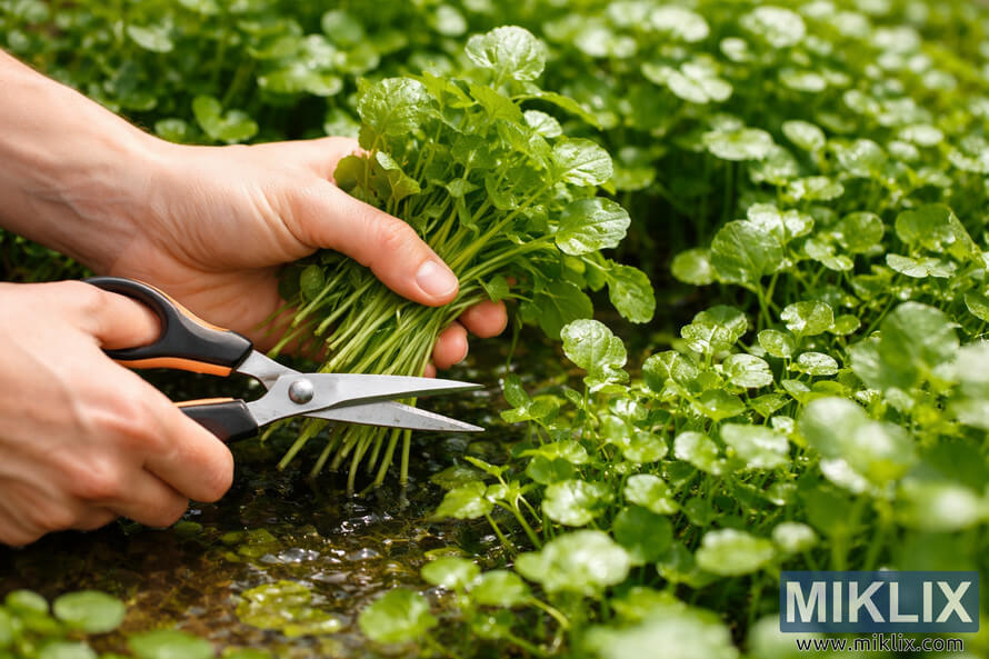 Hands harvesting fresh watercress with scissors beside a shallow stream, demonstrating proper cutting technique.