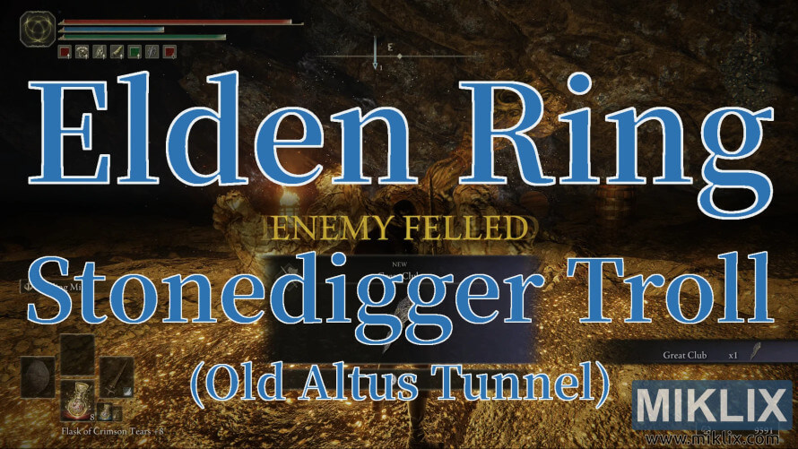 Elden Ring screenshot showing Stonedigger Troll defeated in Old Altus Tunnel.