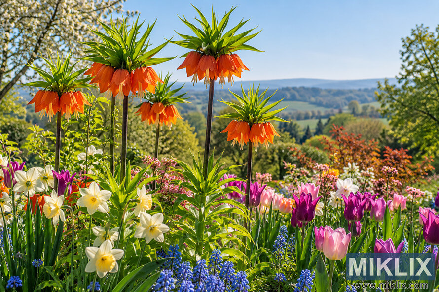 Orange crown imperial flowers rise above purple and pink tulips, white daffodils and blue spring flowers, with rolling green countryside behind. Orange crown imperial flowers rise above purple and pink tulips, white daffodils and blue spring flowers, with rolling green countryside behind.