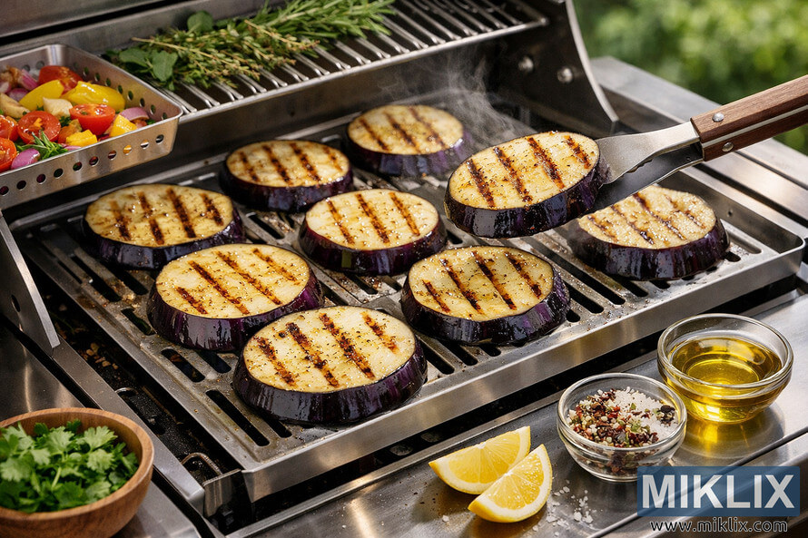 Grilled eggplant slices on a stainless steel barbecue surrounded by fresh vegetables, herbs, and healthy cooking ingredients. Grilled eggplant slices on a stainless steel barbecue surrounded by fresh vegetables, herbs, and healthy cooking ingredients.