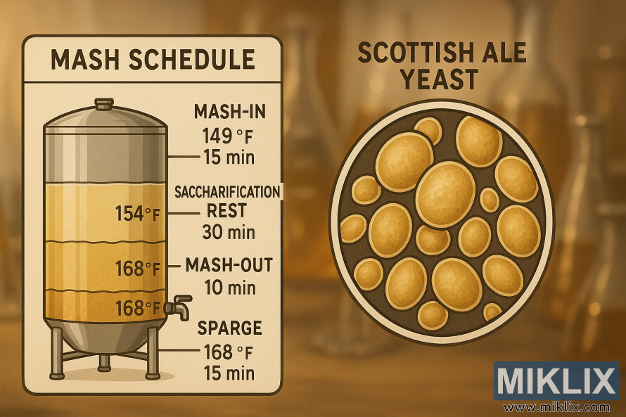 Diagrama mostrando um cronograma detalhado de mosturação, juntamente com uma visão ampliada de células de levedura Scottish Ale em um ambiente de laboratório com tons quentes. Diagrama mostrando um cronograma detalhado de mosturação, juntamente com uma visão ampliada de células de levedura Scottish Ale em um ambiente de laboratório com tons quentes.
