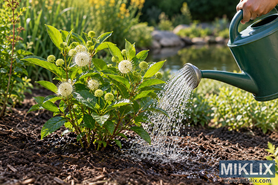 A young buttonbush shrub with white spherical flowers is watered with a green watering can in a sunny garden beside a pond. A young buttonbush shrub with white spherical flowers is watered with a green watering can in a sunny garden beside a pond.