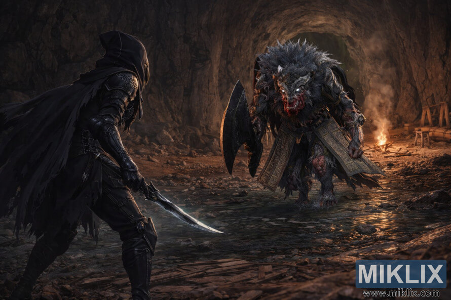 Anime stÃ­lusÃº jelenet, amelyben a fekete pÃ¡ncÃ©lÃº Tarnished szembenÃ©z a Farum Azule-i Beastmannel egy fÃ©lhomÃ¡lyos barlangban, tÅ±zfÃ©nytÅl megvilÃ¡gÃ­tva, pillanatokkal a csata elÅtt.