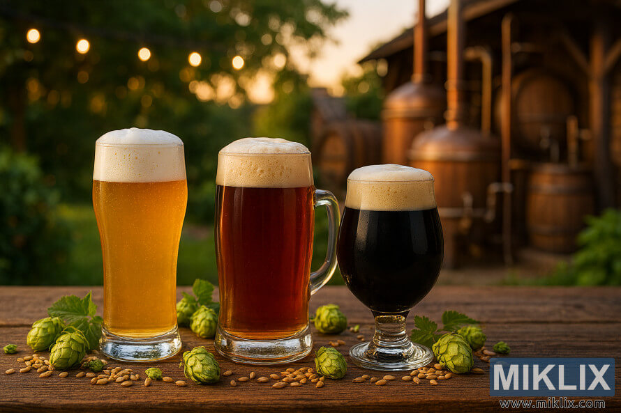 Trois verres à bière sur une table rustique, avec du houblon et de l'orge, sur fond de brasserie éclairée par le soleil couchant. Trois verres à bière sur une table rustique, avec du houblon et de l'orge, sur fond de brasserie éclairée par le soleil couchant.