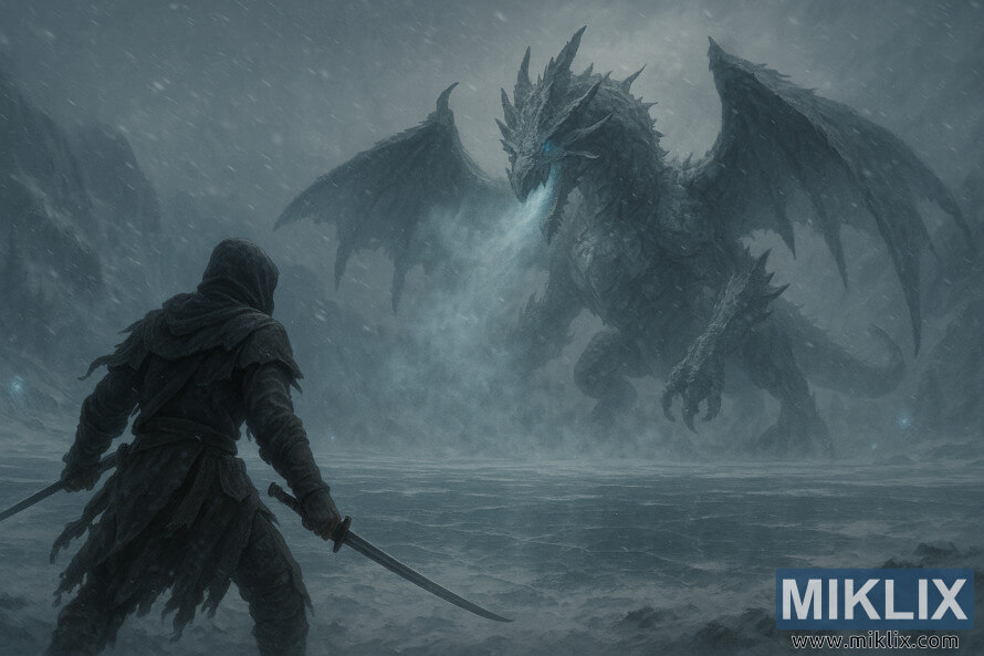 å¹éªã®ä¸­ãåã£ãæ¹ã®åããã«æ°·ã®é§ãåãåºãå·¨å¤§ãªéã®ãã©ã´ã³ã¨å¯¾å³ãããåå£ãæã£ããã¼ãããã¶ã£ãæ¦å£«ã®åãªã¢ã«ãªã·ã¼ã³ã