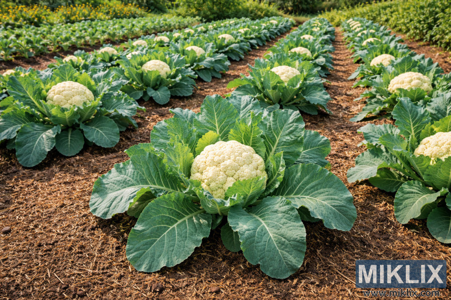 Layukan tsirrai masu lafiya na farin kabeji suna girma a cikin Æasa mai laushi, tare da manyan ganye kore da kuma fararen kan farin kabeji masu girma a cikin lambu mai kyau.