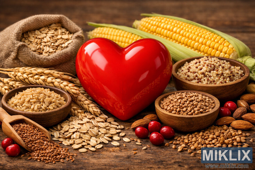 A red heart surrounded by corn, oats, wheat, quinoa, and other whole grains symbolizing cardiovascular health benefits. A red heart surrounded by corn, oats, wheat, quinoa, and other whole grains symbolizing cardiovascular health benefits.