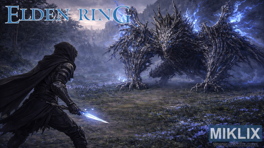 Fan art of Elden Ring player in Black Knife armor battling Ghostflame Dragon in Cerulean Coast Fan art of Elden Ring player in Black Knife armor battling Ghostflame Dragon in Cerulean Coast