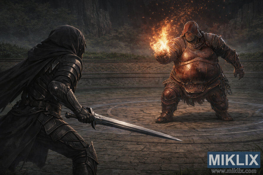 IlustraÃ§Ã£o realista ao estilo fantasia que mostra o Maculado com uma espada a enfrentar Adan, LadrÃ£o de Fogo, Ã  queima-roupa dentro da Evergaol do Malefactor.