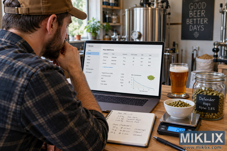 Homebrewer at a wooden brewing station using generic recipe software on a laptop to calculate Defender hop additions while weighing green hop pellets beside a brewing notebook and stainless-steel equipment. Homebrewer at a wooden brewing station using generic recipe software on a laptop to calculate Defender hop additions while weighing green hop pellets beside a brewing notebook and stainless-steel equipment.