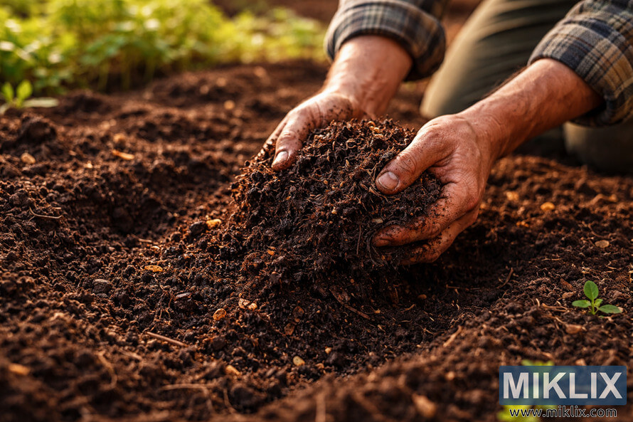 Close-up of hands blending dark compost into rich garden soil while preparing a planting bed in warm afternoon sunlight.