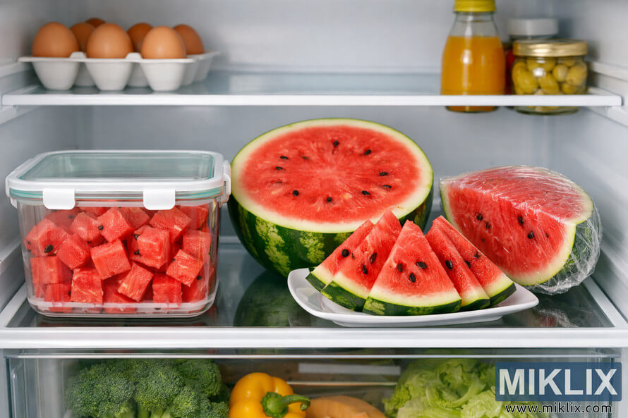 Inside a refrigerator showing proper watermelon storage with cut cubes in airtight container, halved watermelon, wedges on plate, and plastic-wrapped quarter piece arranged neatly on a glass shelf. Inside a refrigerator showing proper watermelon storage with cut cubes in airtight container, halved watermelon, wedges on plate, and plastic-wrapped quarter piece arranged neatly on a glass shelf.