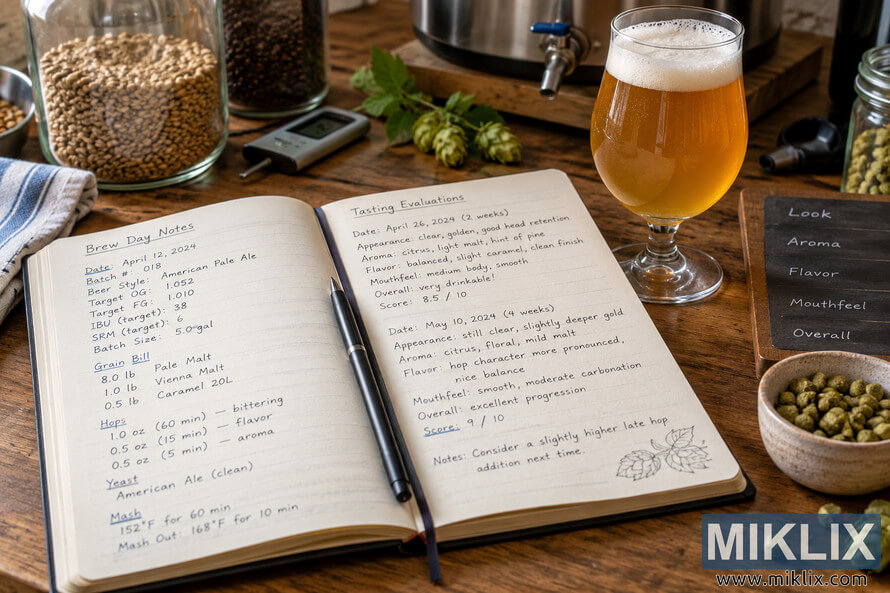 Landscape photo of an open home-brewing journal with handwritten recipe notes and beer tasting evaluations beside a golden beer, hops, grains, and brewing equipment on a rustic wooden workbench. Landscape photo of an open home-brewing journal with handwritten recipe notes and beer tasting evaluations beside a golden beer, hops, grains, and brewing equipment on a rustic wooden workbench.