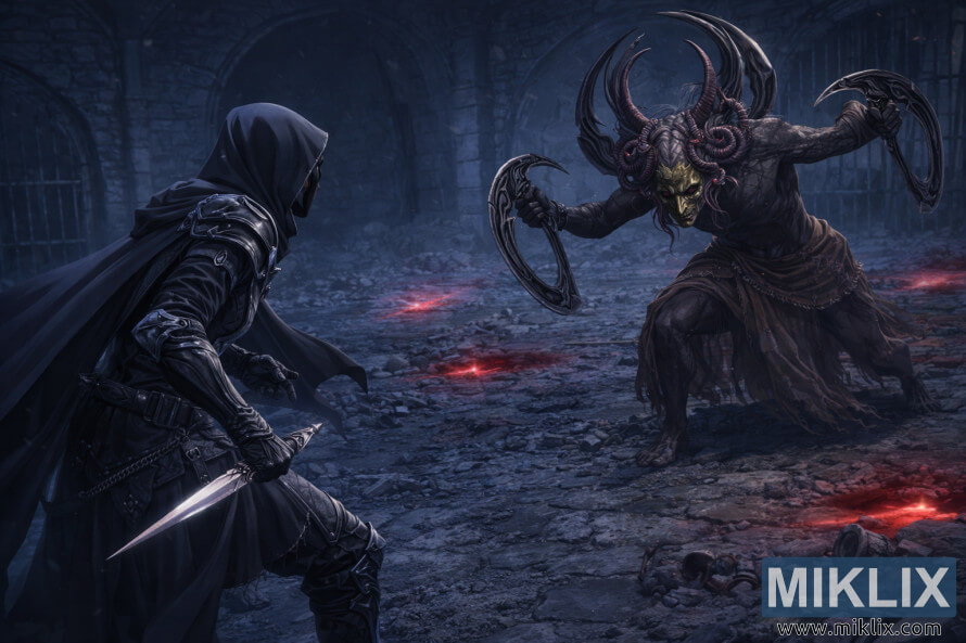 Anime style scene of the Tarnished in Black Knife armor facing Curseblade Labirith inside the dark Bonny Gaol dungeon just before battle.