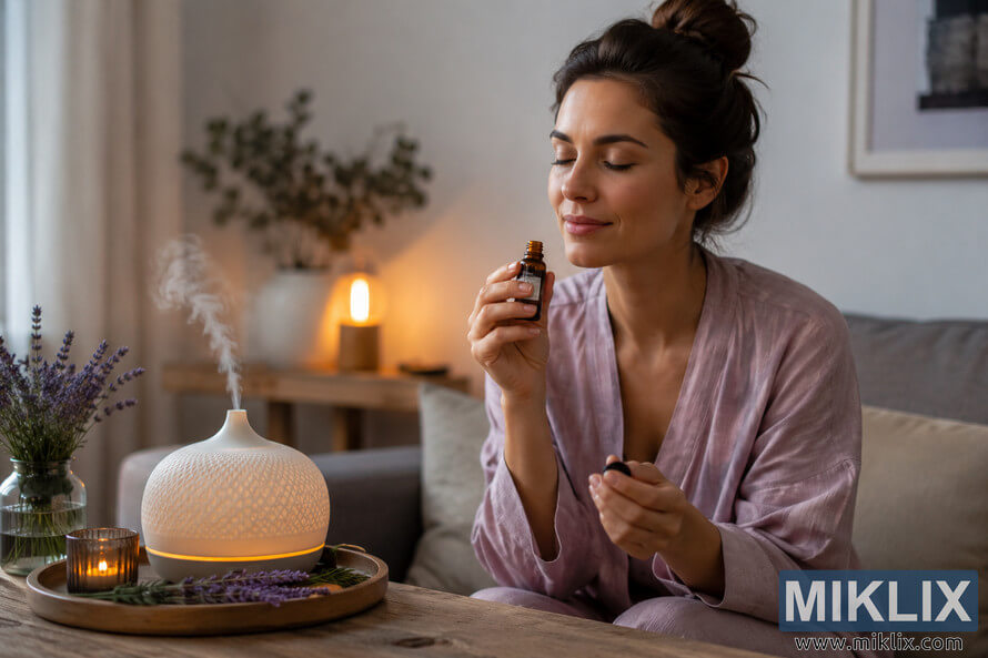 A serene woman in soft loungewear sits in a cozy, softly lit living room while inhaling lavender essential oil beside a glowing diffuser and candles, creating a calming atmosphere focused on relaxation and anxiety relief. A serene woman in soft loungewear sits in a cozy, softly lit living room while inhaling lavender essential oil beside a glowing diffuser and candles, creating a calming atmosphere focused on relaxation and anxiety relief.