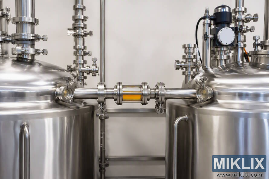 Landscape-oriented industrial photograph showing two polished stainless steel brewing vessels connected by a closed transfer line with a central transparent sight glass containing amber liquid. Sanitary fittings, valves, process piping, and reflective metal surfaces are visible throughout a clean production environment designed for hygienic liquid transfer. Landscape-oriented industrial photograph showing two polished stainless steel brewing vessels connected by a closed transfer line with a central transparent sight glass containing amber liquid. Sanitary fittings, valves, process piping, and reflective metal surfaces are visible throughout a clean production environment designed for hygienic liquid transfer.
