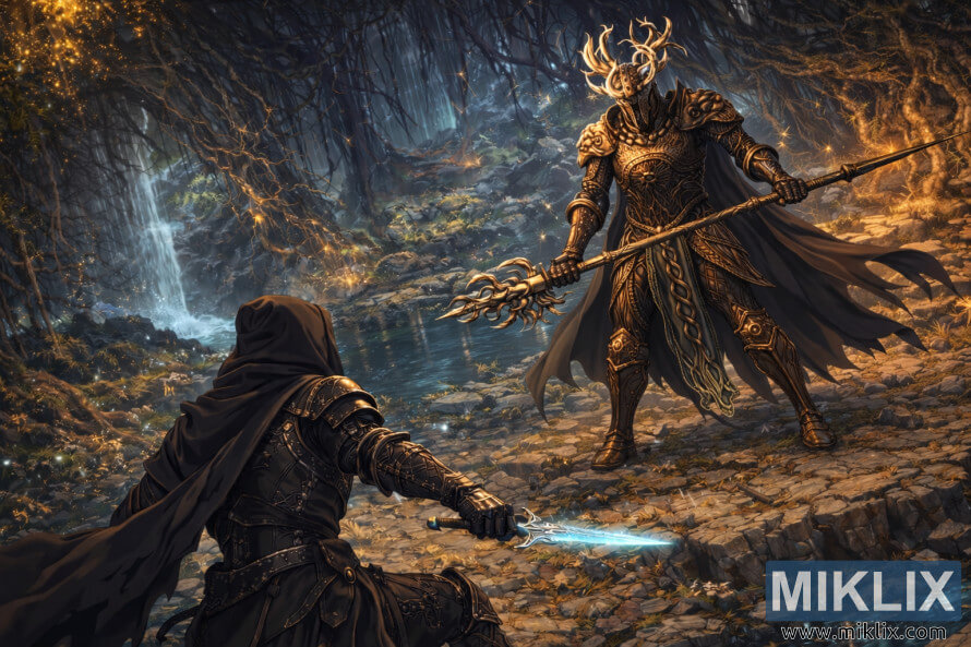 Anime-fan art, der viser Tarnished bagfra ansigt til ansigt med en tÃ¥rnhÃ¸j, slank Crucible Knight Siluria i de glÃ¸dende huler i Deeproot Depths.