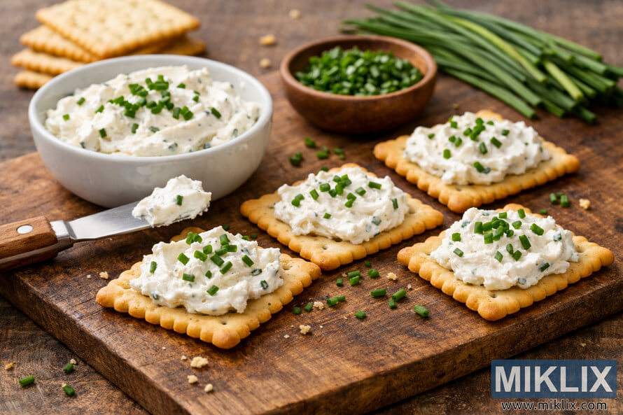 Close-up of golden crackers topped with cream cheese and chopped chives on a wooden cutting board, with a bowl of cream cheese and fresh chives in the background. Close-up of golden crackers topped with cream cheese and chopped chives on a wooden cutting board, with a bowl of cream cheese and fresh chives in the background.