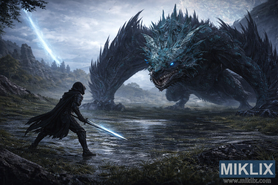 Fan art grandangolare in stile anime che mostra il Tarnished con una spada luminosa di fronte a un enorme Drago di Pietra Luminosa Smarag che torreggia sulle zone umide allagate di Liurnia dei Laghi.