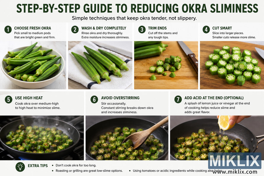 Landscape infographic showing seven illustrated steps for reducing okra sliminess, including choosing fresh okra, drying thoroughly, trimming, cutting, cooking over high heat, avoiding excessive stirring, and adding acid at the end, with extra cooking tips along the bottom. Landscape infographic showing seven illustrated steps for reducing okra sliminess, including choosing fresh okra, drying thoroughly, trimming, cutting, cooking over high heat, avoiding excessive stirring, and adding acid at the end, with extra cooking tips along the bottom.