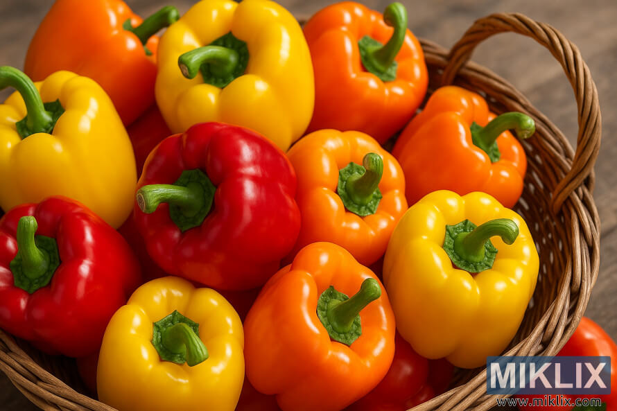A wicker basket filled with fresh red, yellow, and orange bell peppers.