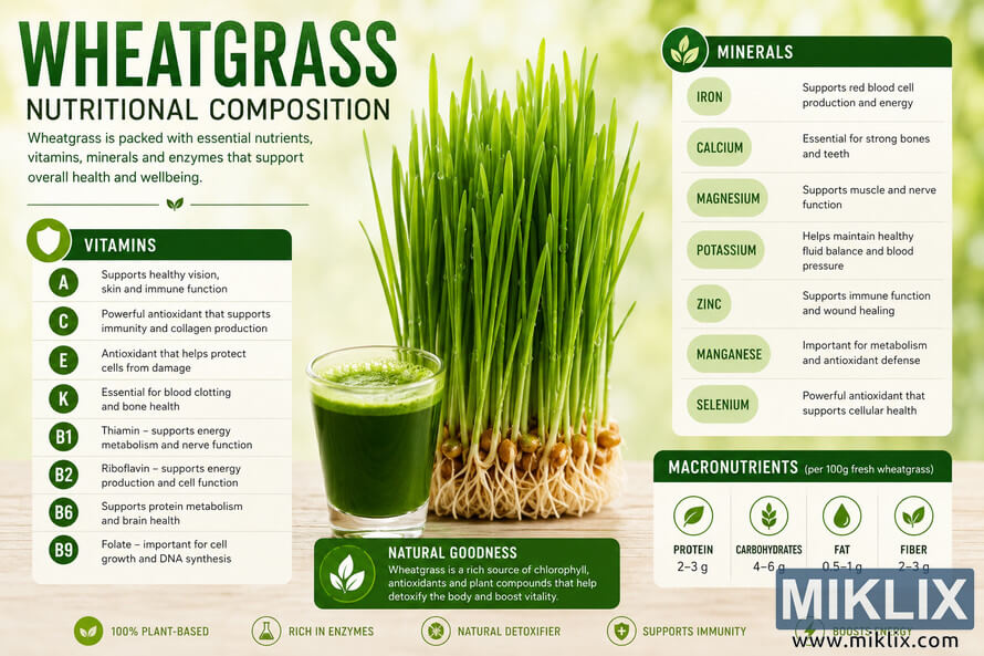 Landscape infographic showing wheatgrass nutritional composition with fresh green wheatgrass sprouts, a glass of wheatgrass juice, and detailed sections listing vitamins, minerals, macronutrients, and wellness benefits in a clean green-and-cream health-themed layout. Landscape infographic showing wheatgrass nutritional composition with fresh green wheatgrass sprouts, a glass of wheatgrass juice, and detailed sections listing vitamins, minerals, macronutrients, and wellness benefits in a clean green-and-cream health-themed layout.