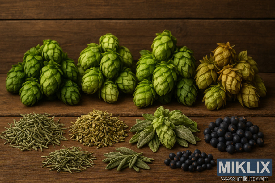 Natura morta de succedanis de llÃºpol amb herbes seques, espÃ¨cies i cons de llÃºpol disposats sobre un fons rÃºstic de fusta sota una ilÂ·luminaciÃ³ cÃ lida.