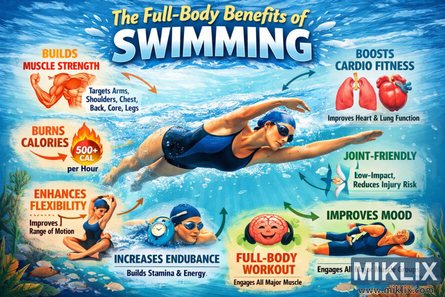 Infographic showing a swimmer underwater with labeled icons explaining how swimming strengthens muscles, improves cardio fitness, burns calories, boosts mood, and provides a full-body, joint-friendly workout.