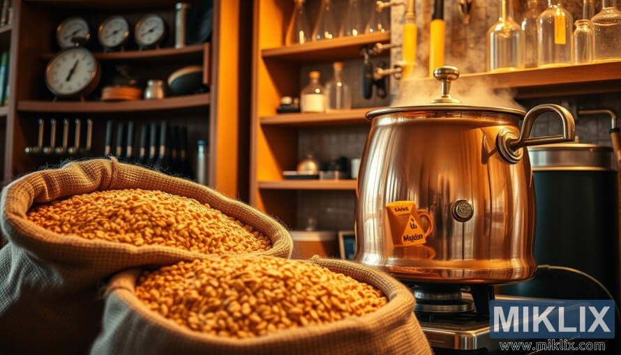 Bakreni kotliÄek na starinskem Å¡tedilniku z vreÄami iz jute blagega pivskega slada, ki se pod toplo zlato svetlobo razlivajo po zrnih.