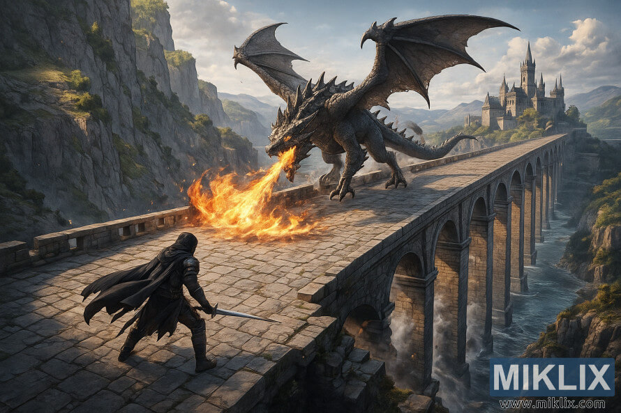 RealistiÄna izometrijska scena Potamnjelog suoÄavanja s LeteÄim Zmajem Greyllom na Velikom mostu Farum u Elden Ringu.