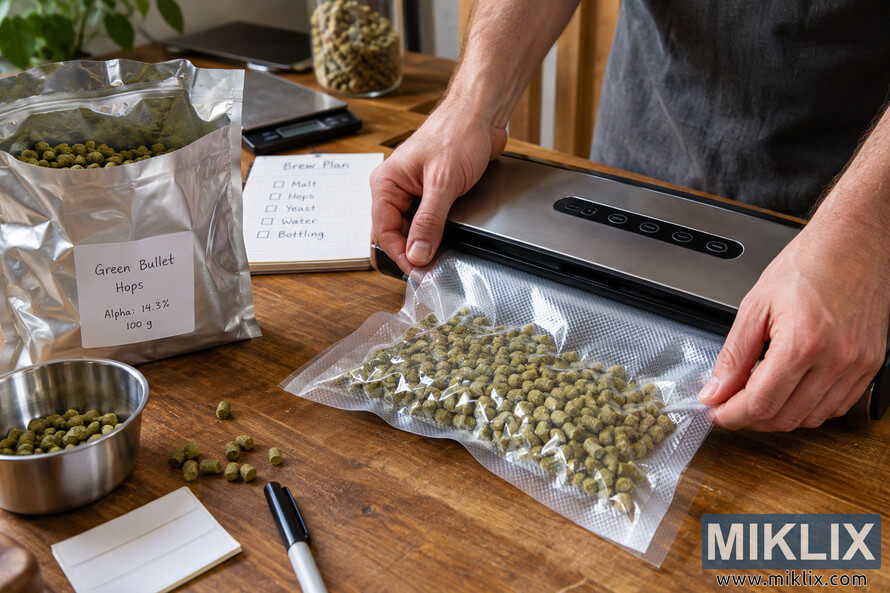 Close-up photo of a person using a stainless steel vacuum sealer to repackage Green Bullet hop pellets in a clear vacuum bag on a wooden home-brewing workbench. Close-up photo of a person using a stainless steel vacuum sealer to repackage Green Bullet hop pellets in a clear vacuum bag on a wooden home-brewing workbench.