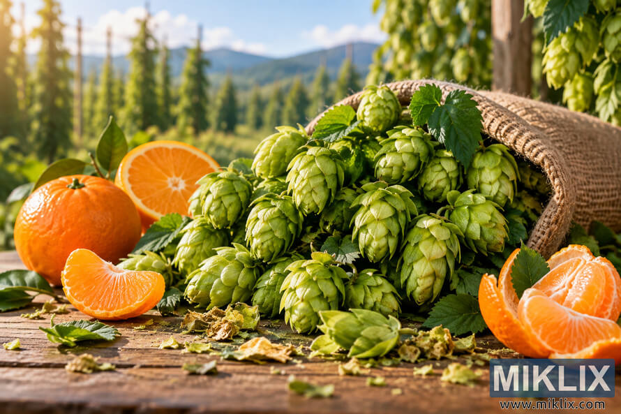 Fresh green hop cones spilling from a rustic burlap sack onto a wooden table, surrounded by whole, sliced, and peeled oranges and tangerines, with a sunlit hop field and distant hills softly blurred in the background.