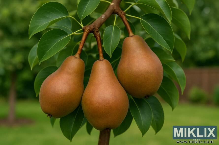 Close-up of ripe russet-toned Warren pears hanging from a branch with dark green leaves.