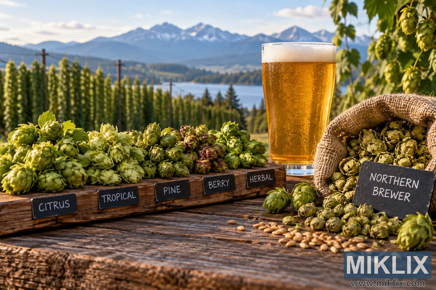 Photorealistic landscape scene of fresh hops labeled citrus, tropical, pine, berry, and herbal beside dried Northern Brewer hops, brewing grain, and an unbranded glass of golden beer, with a hop field, lake, forests, and mountains in the background.