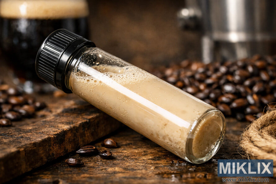 Close-upfoto van een ongeëtiketteerd glazen flesje gevuld met Belgische stoutgist, rustend op een rustieke houten ondergrond met geroosterde gerst en brouwbenodigdheden die vaag op de achtergrond te zien zijn. Close-upfoto van een ongeëtiketteerd glazen flesje gevuld met Belgische stoutgist, rustend op een rustieke houten ondergrond met geroosterde gerst en brouwbenodigdheden die vaag op de achtergrond te zien zijn.