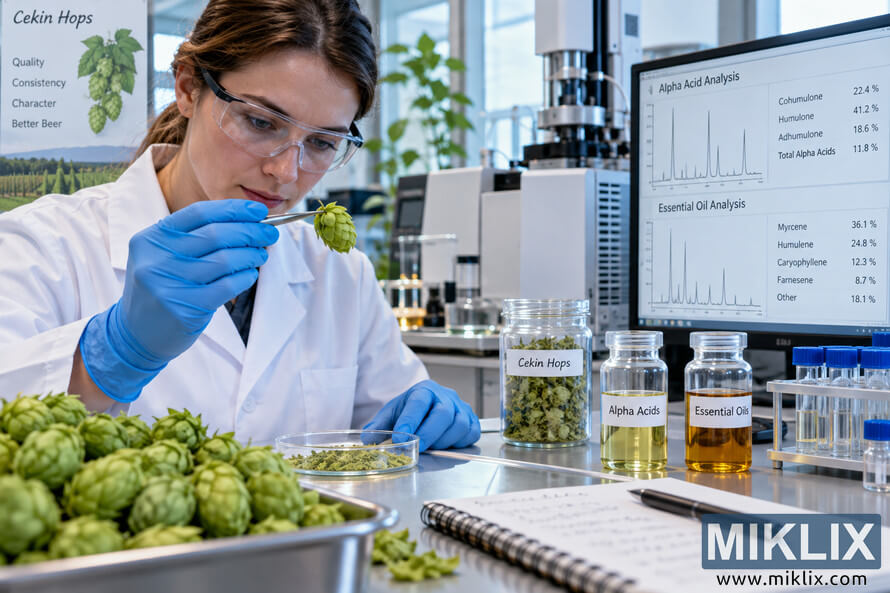 Laboratory scientist in safety glasses and blue gloves examines a green Cekin hop cone beside fresh hop samples, analytical equipment, sample extracts, test tubes, and a computer displaying alpha-acid and essential-oil chromatograms. Laboratory scientist in safety glasses and blue gloves examines a green Cekin hop cone beside fresh hop samples, analytical equipment, sample extracts, test tubes, and a computer displaying alpha-acid and essential-oil chromatograms.