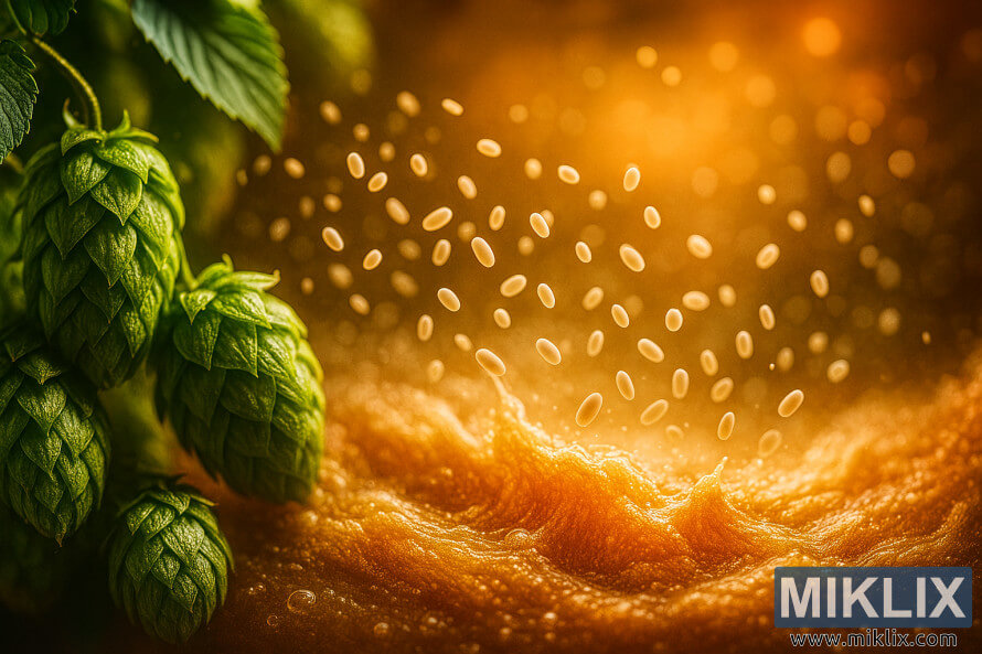 Els cons de llúpol i el llevat à cid salvatge s'arremolinen en una fermentació daurada, evocant una escena de cerveseria artesanal. Els cons de llúpol i el llevat à cid salvatge s'arremolinen en una fermentació daurada, evocant una escena de cerveseria artesanal.