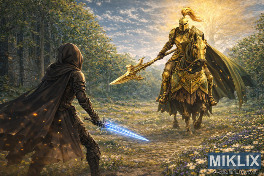 Wide anime-style scene showing the Tarnished in Black Knife armor with a glowing blue sword facing a much larger Tree Sentinel on horseback wielding a golden halberd in a sunlit meadow.