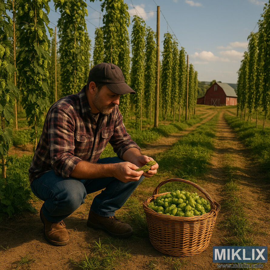 Flanellipukuinen maanviljelijÃ¤ tutkii humalankÃ¤pyjÃ¤ aurinkoisella pellolla, jossa on sÃ¤leikkÃ¶jÃ¤, punainen lato ja kori vastakorjattua humalaa.