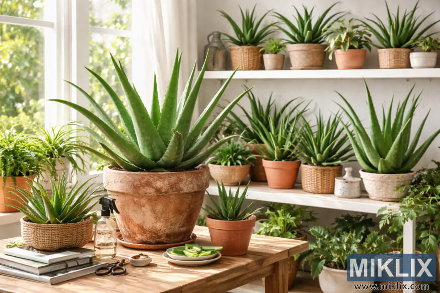 Um espaço interior luminoso repleto de plantas de aloe vera viçosas em vasos de terracota e vime, dispostas sobre uma mesa de madeira e prateleiras brancas perto de uma janela ensolarada. Um espaço interior luminoso repleto de plantas de aloe vera viçosas em vasos de terracota e vime, dispostas sobre uma mesa de madeira e prateleiras brancas perto de uma janela ensolarada.