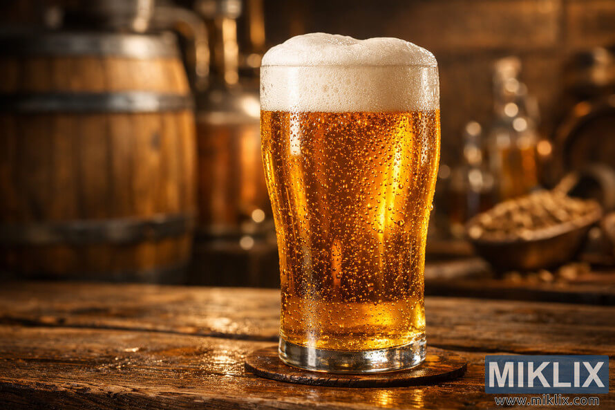 A close-up of a glass filled with golden Munich lager on a rustic wooden table, surrounded by softly blurred brewery equipment and barrels in warm lighting. A close-up of a glass filled with golden Munich lager on a rustic wooden table, surrounded by softly blurred brewery equipment and barrels in warm lighting.