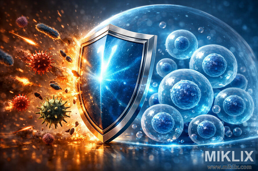 Digital illustration showing a glowing blue shield protecting healthy cells from attacking pathogens, symbolizing disease prevention. Digital illustration showing a glowing blue shield protecting healthy cells from attacking pathogens, symbolizing disease prevention.