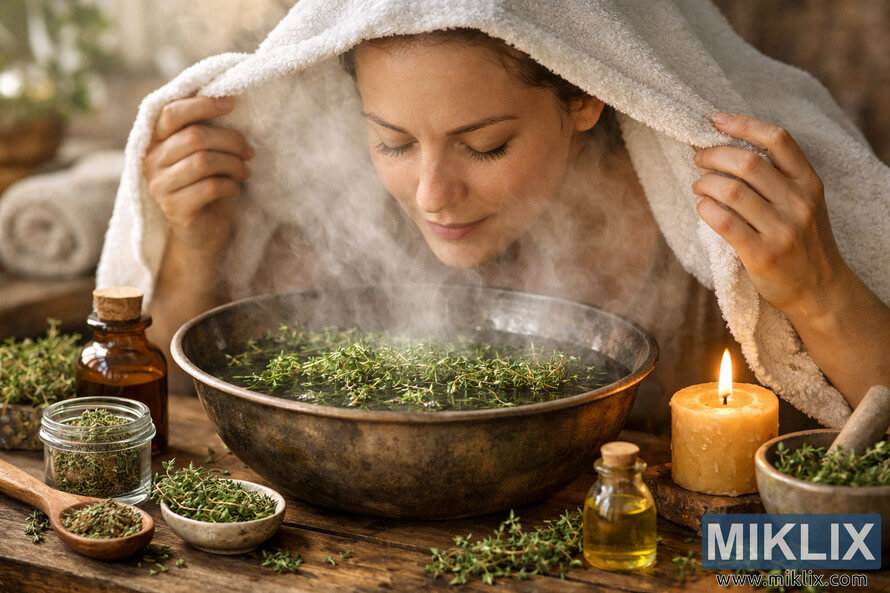 Woman with a white towel over her head leaning over a rustic metal bowl filled with steaming hot water and fresh thyme sprigs, surrounded by herbal bottles, dried thyme, a wooden spoon, a lit beeswax candle, and a mortar and pestle on a wooden table in warm natural light. Woman with a white towel over her head leaning over a rustic metal bowl filled with steaming hot water and fresh thyme sprigs, surrounded by herbal bottles, dried thyme, a wooden spoon, a lit beeswax candle, and a mortar and pestle on a wooden table in warm natural light.
