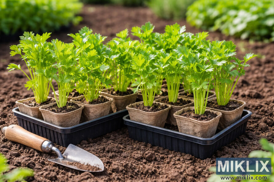 Ungar sellerÃ­plÃ¶ntur rÃ¦ktaÃ°ar Ã­ niÃ°urbrjÃ³tanlegum pottum raÃ°aÃ°ar Ã¡ bakka yfir nÃ½plÃ¦gÃ°a garÃ°mold meÃ° handspaÃ°a Ã­ nÃ¡grenninu.