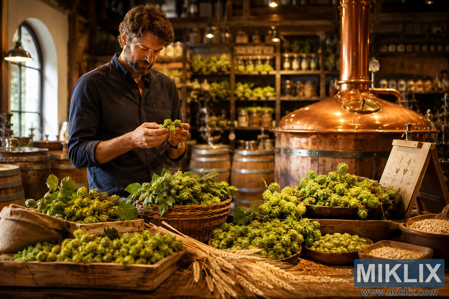 Artisanal brewery scene featuring a craftsman inspecting fresh hops beside a copper brewing kettle, surrounded by barley, wooden barrels, and warm golden lighting in a rustic brewery interior. Artisanal brewery scene featuring a craftsman inspecting fresh hops beside a copper brewing kettle, surrounded by barley, wooden barrels, and warm golden lighting in a rustic brewery interior.